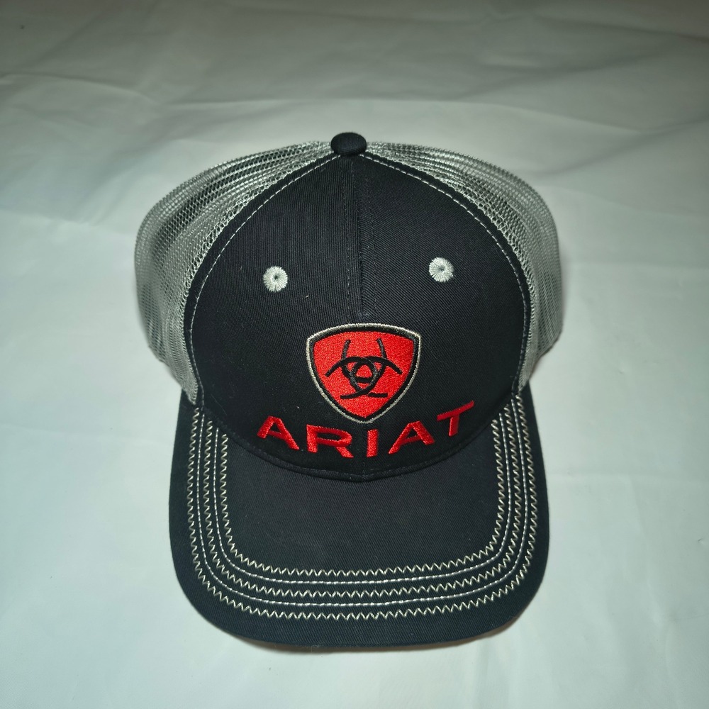 Ariat Mens Trucker Hat Black Grey Mesh Back Red Logo Adjustable Snapback Cap